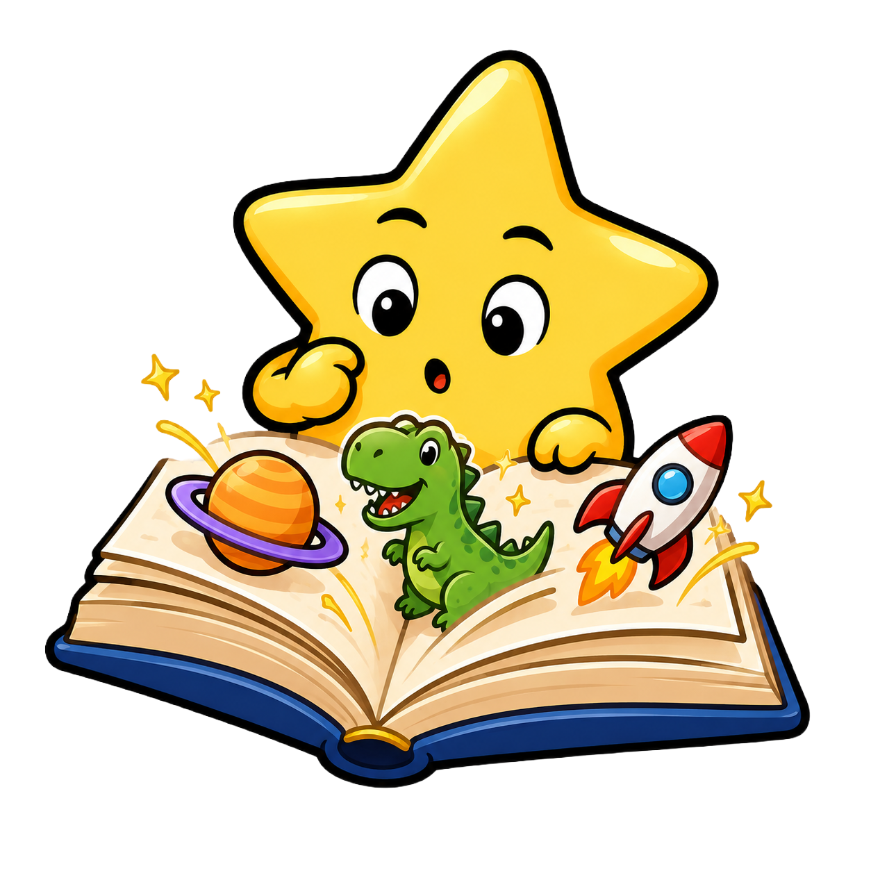 Star mascot peeking into an open book with a planet, dinosaur, and rocket popping out