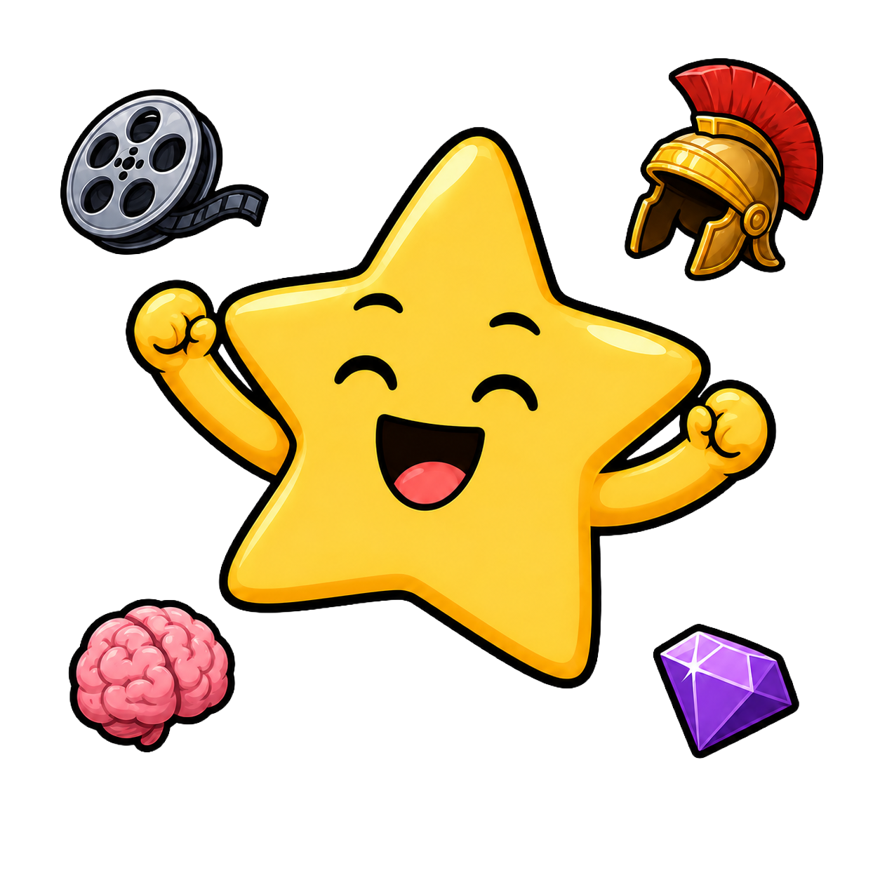 Star mascot cheering, surrounded by a film reel, Roman helmet, brain, and gem