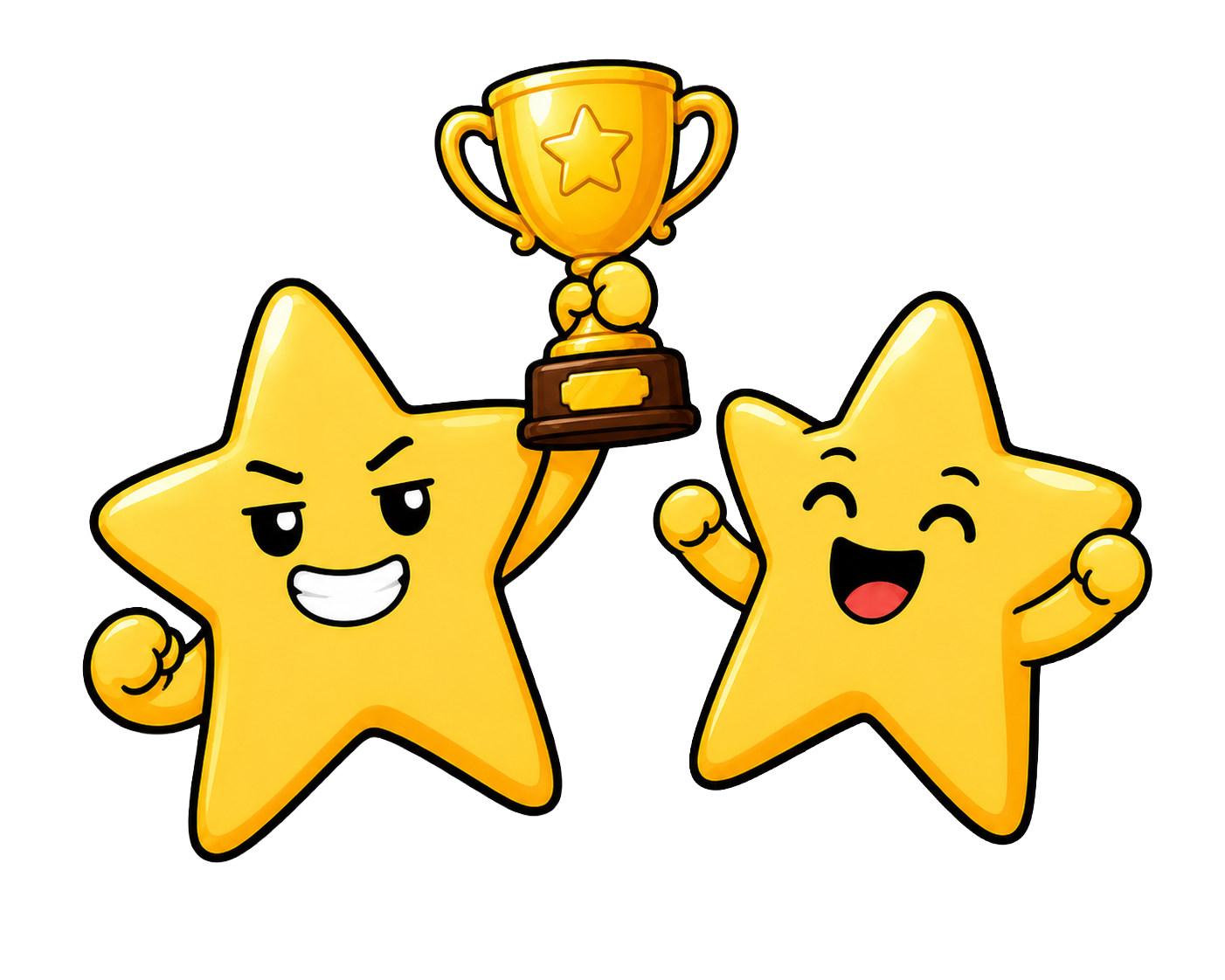 Star mascots celebrating with a trophy and confetti